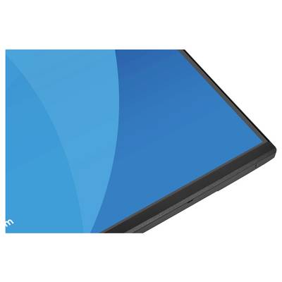 Eine Nahaufnahme eines Computermonitorbildschirms mit blauem Hintergrund und dünnem schwarzem Rahmen, der einen Teil der Anzeige und der Blende zeigt.