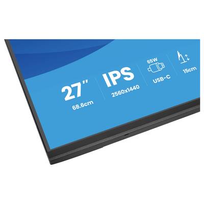 Ein Abschnitt eines Monitorbildschirms mit der Anzeige „27" 68,6cm, IPS, 2560x1440, 65W, USB-C, 15cm" auf blauem Hintergrund, das die Anzeigetechniken anzeigt.