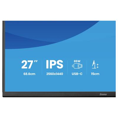 '27-Zoll-IPS-Monitor mit einer Auflösung von 2560x1440, mit USB-C, 65W Stromversorgung und einer Höhenverstellung von 15cm.'
