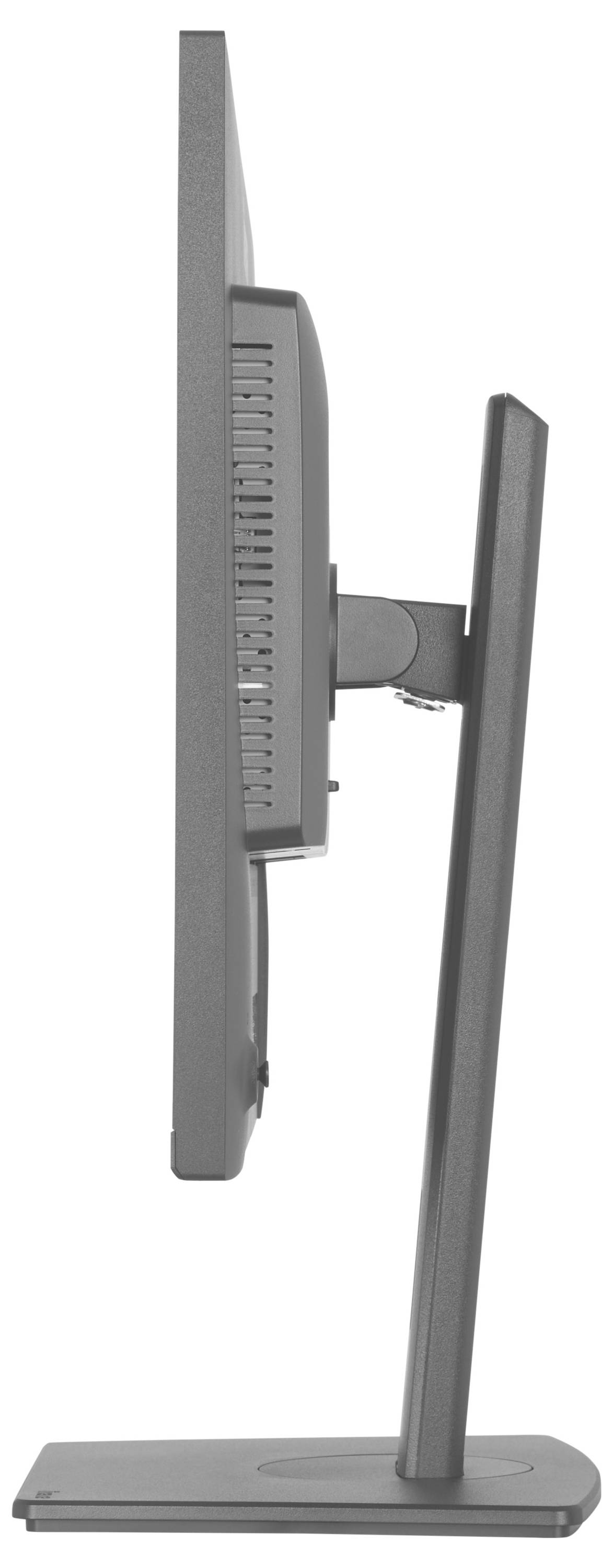 Seitenansicht eines flachen Computermonitors mit rechteckigem Sockel, der sein dünnes Design und seinen verstellbaren Ständer zeigt.