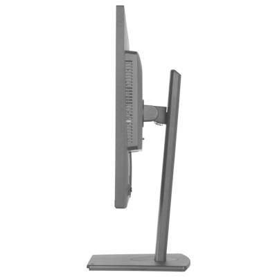 Seitenansicht eines flachen Computermonitors mit rechteckigem Sockel, der sein dünnes Design und seinen verstellbaren Ständer zeigt.