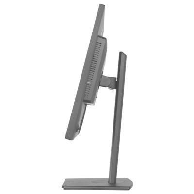 Seitenansicht eines dünnen, modernen Computermonitors auf einem Ständer. Der Bildschirm neigt sich leicht nach hinten und zeigt ein elegantes, minimalistisches Design.