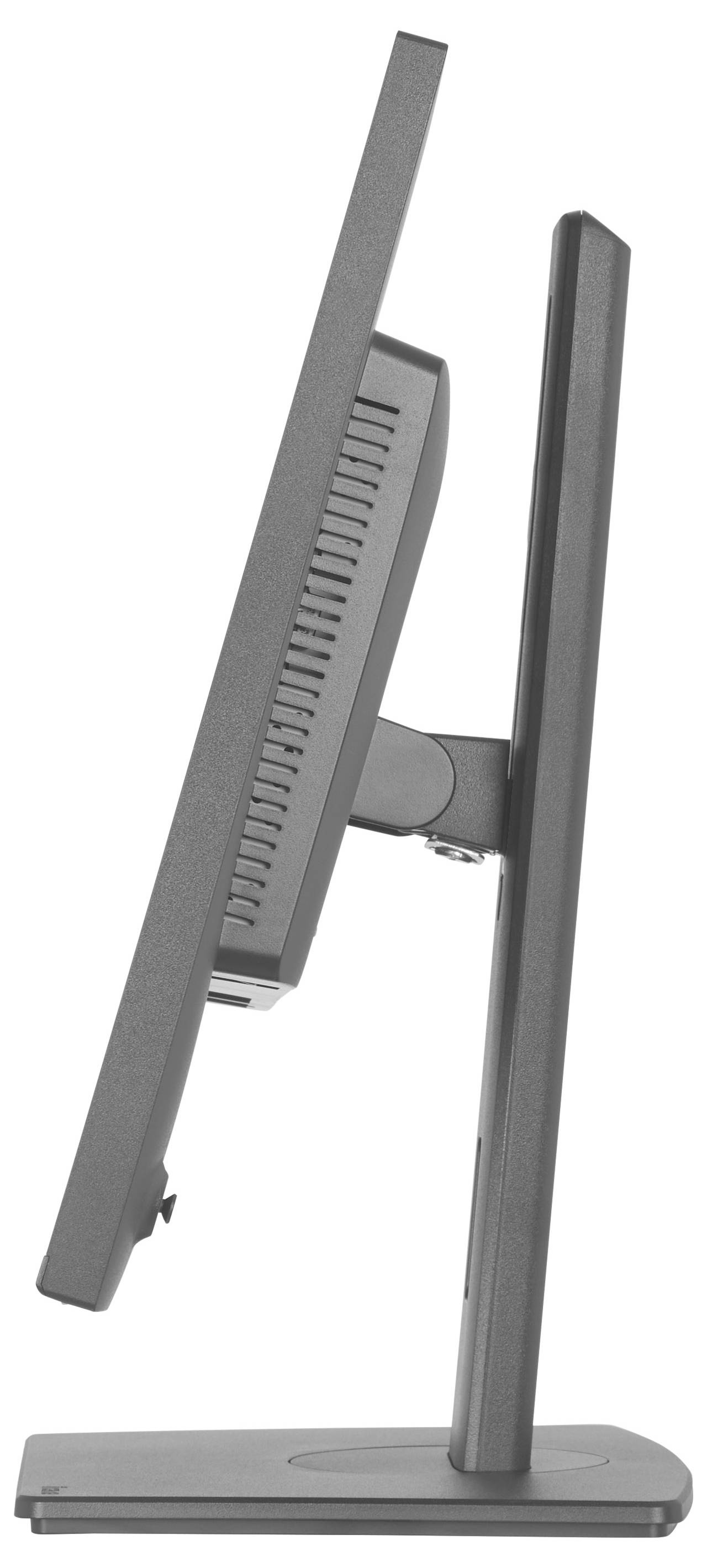 Seitenansicht eines dünnen Computermonitors auf einem Ständer, leicht nach hinten geneigt, präsentiert sein schlankes Profil und modernes Design.