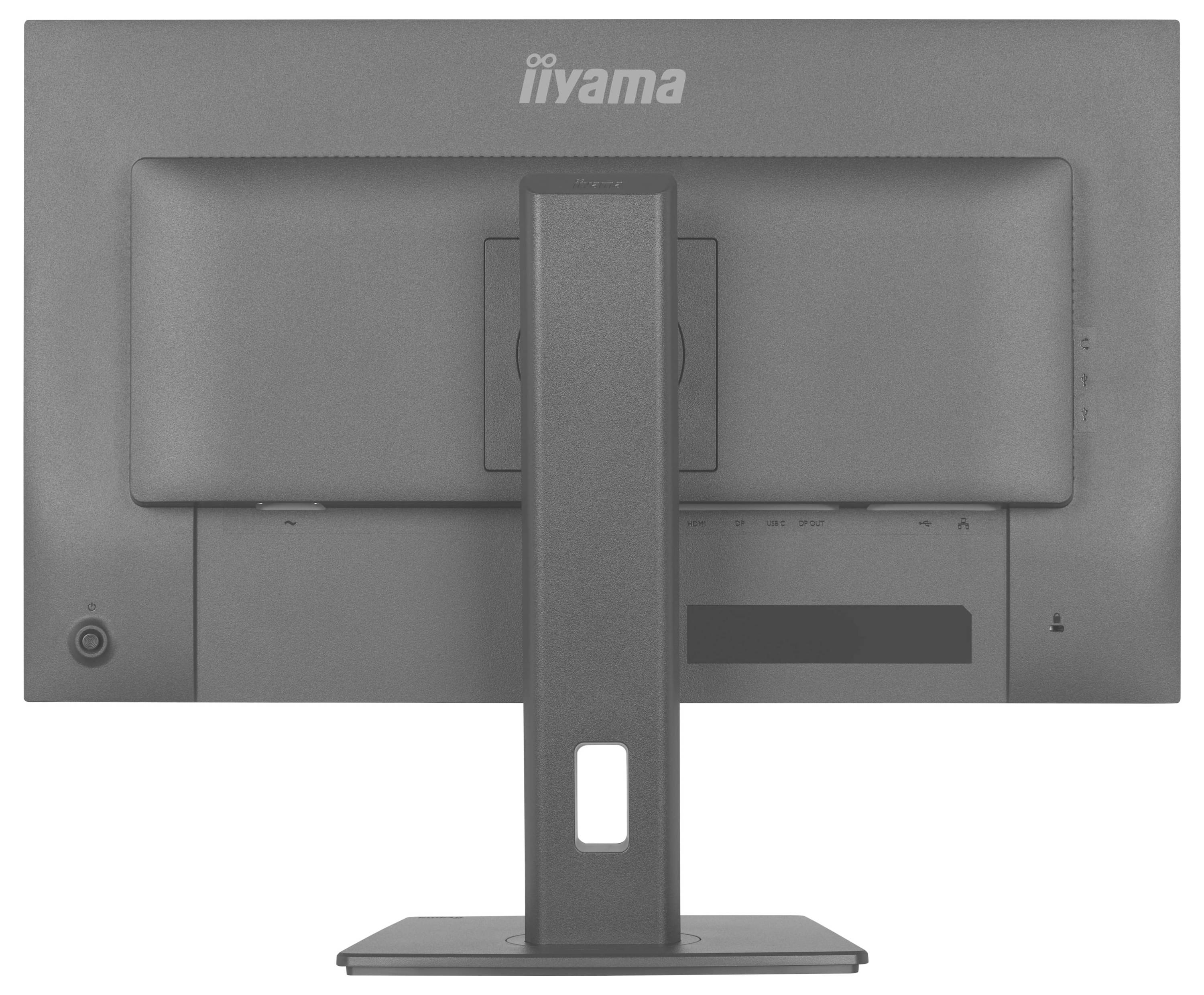 Ein grauer Computermonitor von hinten betrachtet, mit einem zentralen Ständer und sichtbaren Anschlüssen auf der unteren rechten Seite.