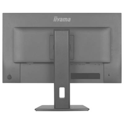 Ein grauer Computermonitor von hinten betrachtet, mit einem zentralen Ständer und sichtbaren Anschlüssen auf der unteren rechten Seite.