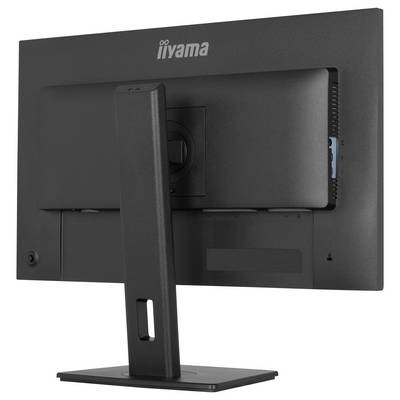Ein schwarzer Computermonitor von hinten gesehen, auf einem rechteckigen Ständer montiert, mit einem Markenlogo in der Mitte oben.
