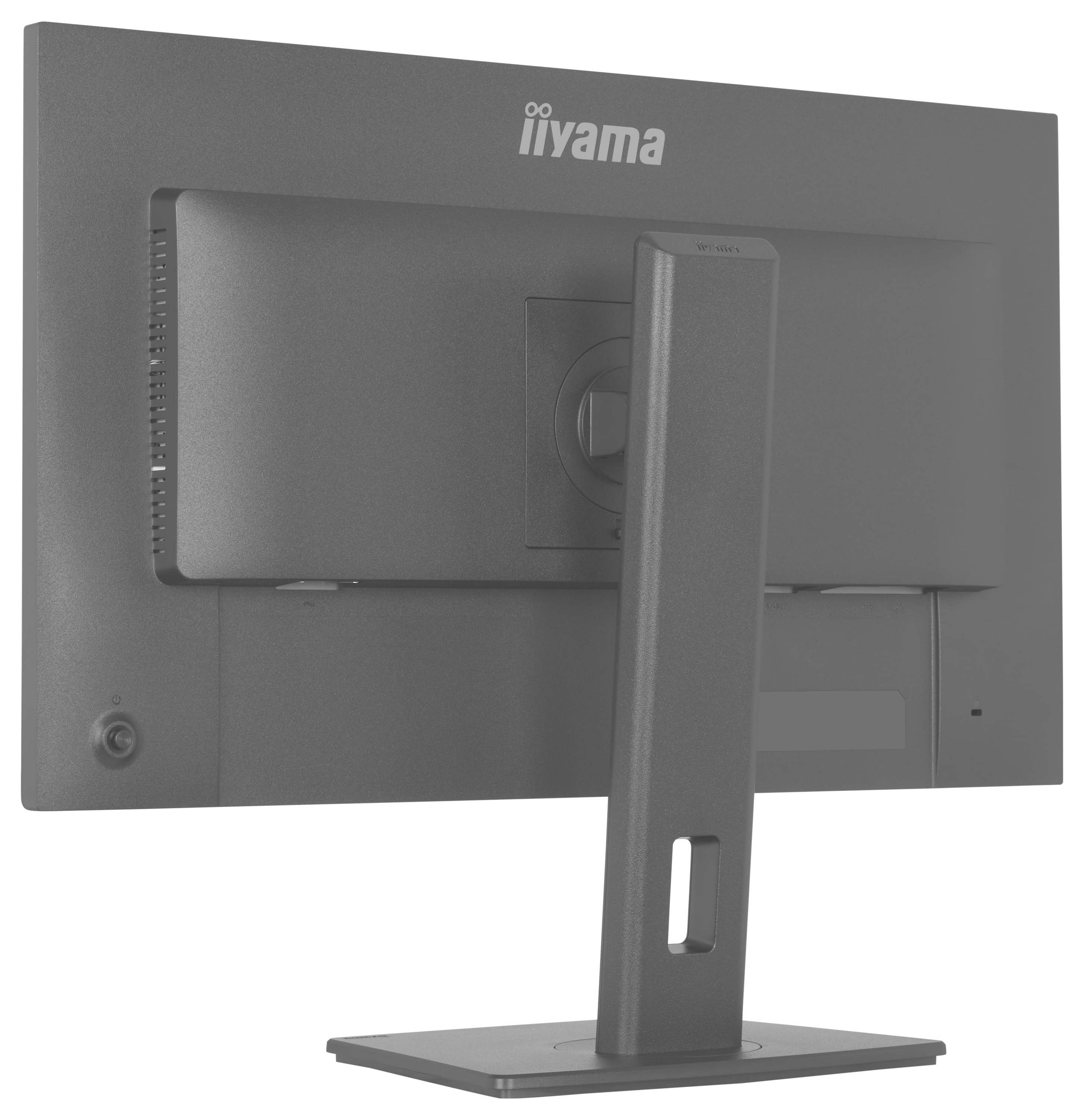 'Rückansicht eines Computermonitors auf einem Ständer, die Anschlüsse und das Design der Rückseite zeigt.'