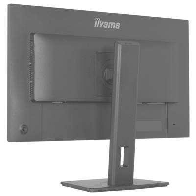 'Rückansicht eines Computermonitors auf einem Ständer, die Anschlüsse und das Design der Rückseite zeigt.'