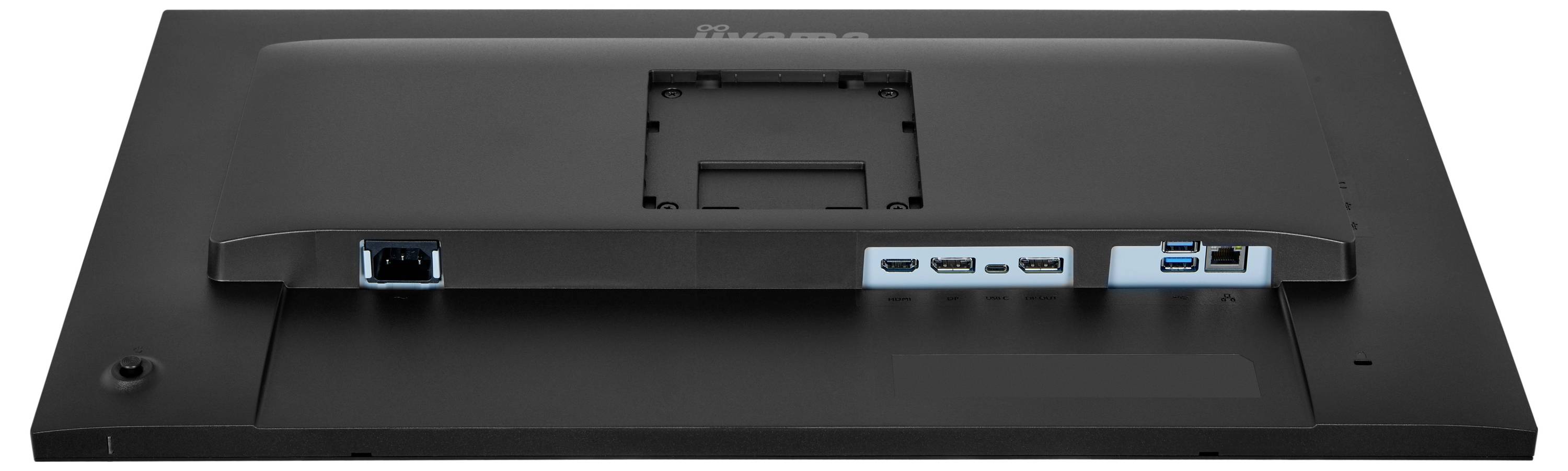 Rückansicht eines schwarzen Monitors mit verschiedenen Anschlüssen, einschließlich USB, HDMI und Stromeingang, mit einer VESA-Halterung in der Mitte.