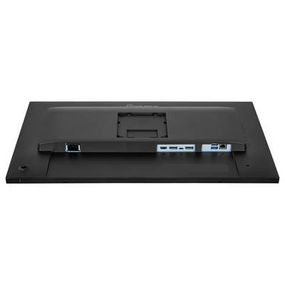 Rückansicht eines schwarzen Monitors mit verschiedenen Anschlüssen, einschließlich USB, HDMI und Stromeingang, mit einer VESA-Halterung in der Mitte.