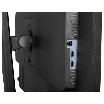 Seitenansicht eines Computermonitors mit zwei USB-C-Anschlüssen und einem Stromanschluss auf der Rückseite.