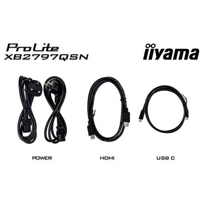 Drei Kabel mit den Beschriftungen „Power", „HDMI" und „USB C" werden von links nach rechts unter dem Text „ProLite XB2797QSN" und „iiyama" angezeigt.