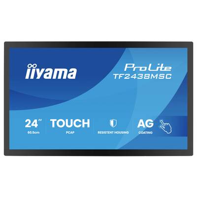 Touchscreen-Display-Werbung mit "iiyama ProLite TF2438MSC", mit 24-Zoll-Bildschirm (60,5 cm), PCAP-Touch, robustem Gehäuse und AG-Beschichtung.