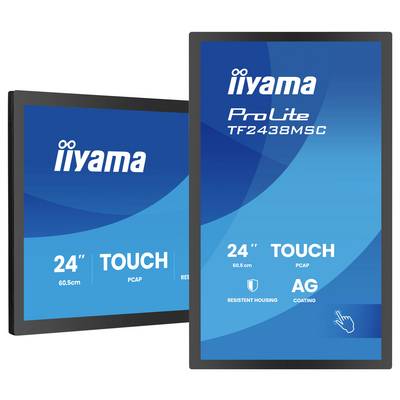 Zwei Touch-Screen-Monitore werden in verschiedenen Winkeln angezeigt. Der Text auf den Bildschirmen lautet: „iiyama ProLite TF2438MSC, 24" TOUCH, PCAP, AG-Beschichtung, robustes Gehäuse".