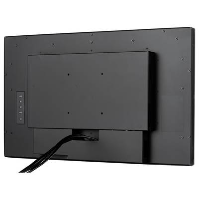 Rückansicht eines Flachbildfernsehers mit verschiedenen Kabelverbindungen und einem Bedienfeld mit Tasten auf der linken Seite.