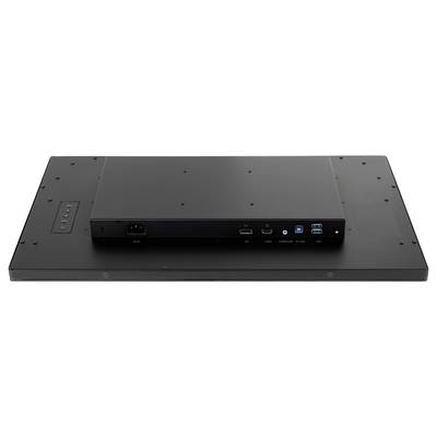 Ein Flachbildschirm-Monitor von hinten gesehen, zeigt Anschlüsse einschließlich Stromversorgung, HDMI und USB-Verbindungen. Der Monitor hat ein elegantes, schwarzes Design.