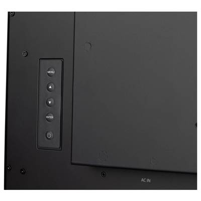 Nahaufnahme eines schwarzen elektronischen Geräts mit einem Bedienfeld mit vier Tasten mit den Beschriftungen „Menü", Pfeilen nach oben und unten, „Eingabe" und einem Stromsymbol.