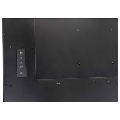 Nahaufnahme der Rückseite eines Monitors mit einer Bedienblende, die Tasten für Menünavigation, Eingabeauswahl und Ein-/Ausschalter enthält.