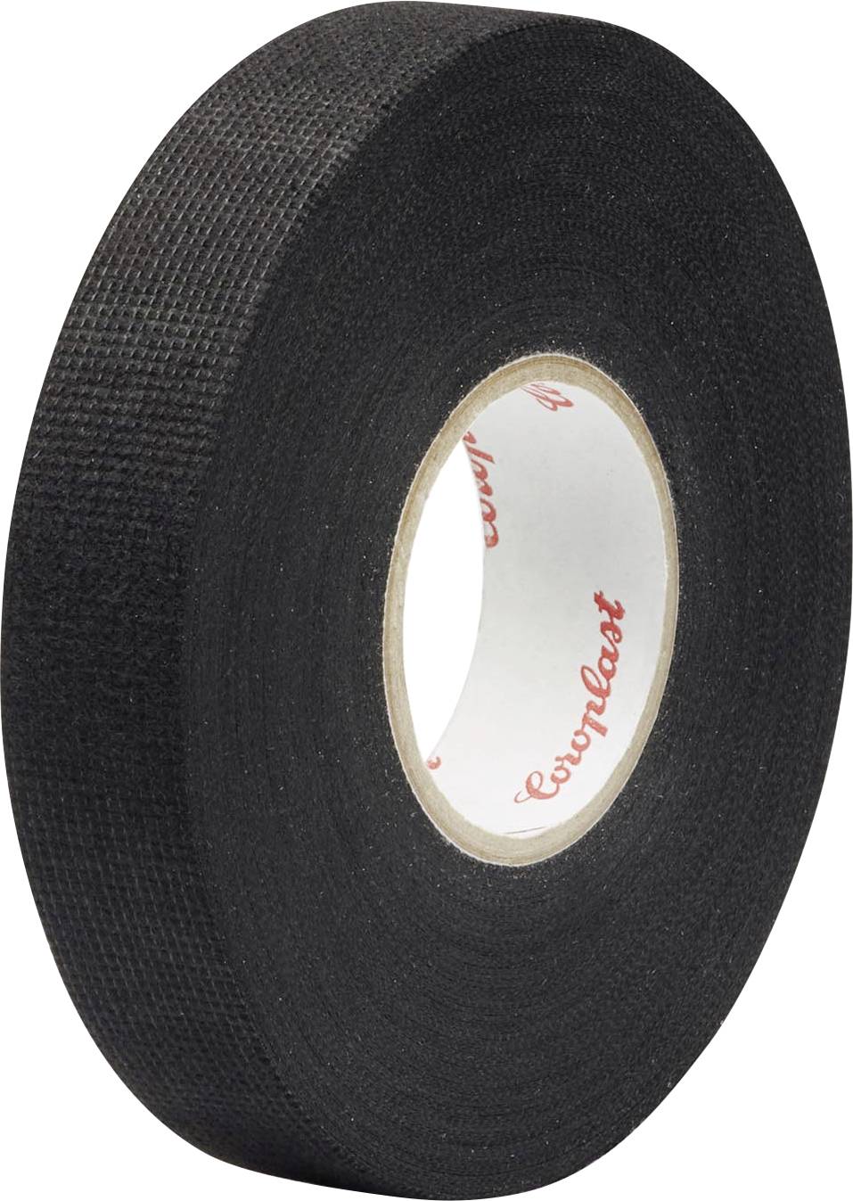 Eine Rolle schwarzes Klebeband mit strukturierter Oberfläche, die ihre äußeren und inneren Schichten zeigt.