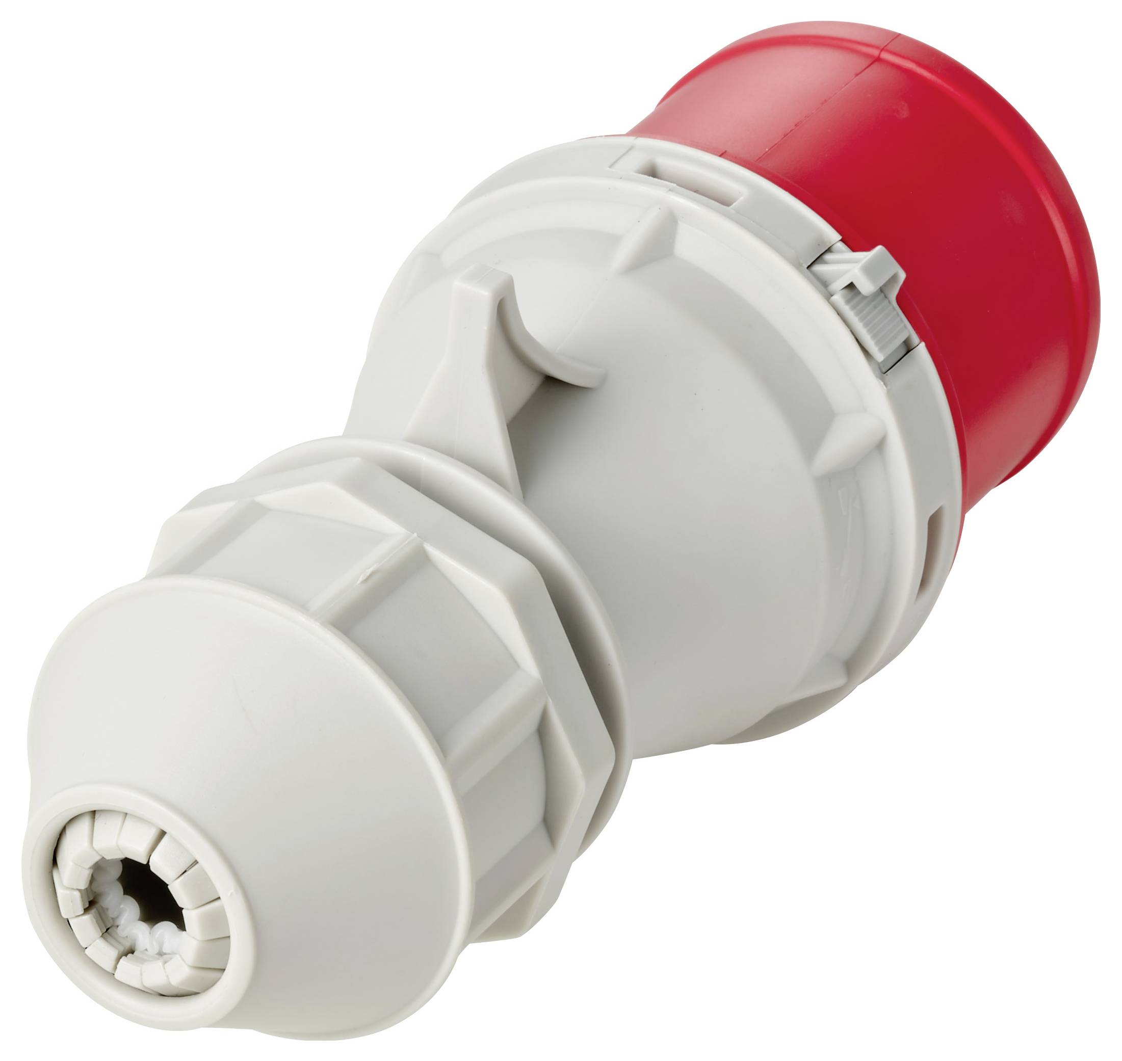 Weißer Industrie-Elektrostecker mit roter Kappe, auf neutralem Hintergrund abgebildet.
