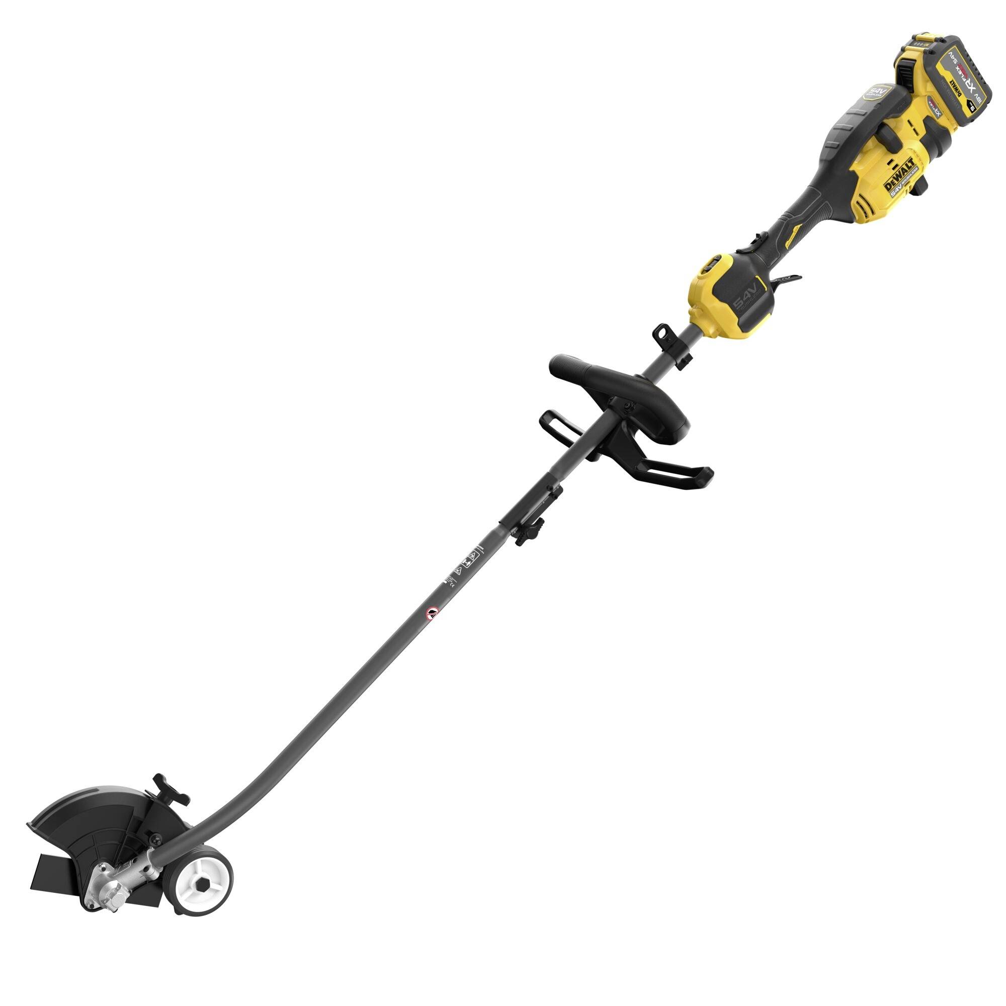 Ein gelber und schwarzer elektrischer Trimmer mit langem Griff und rotierendem Schneidekopf am Ende, konstruiert für Gartenarbeit und Rasenpflege.