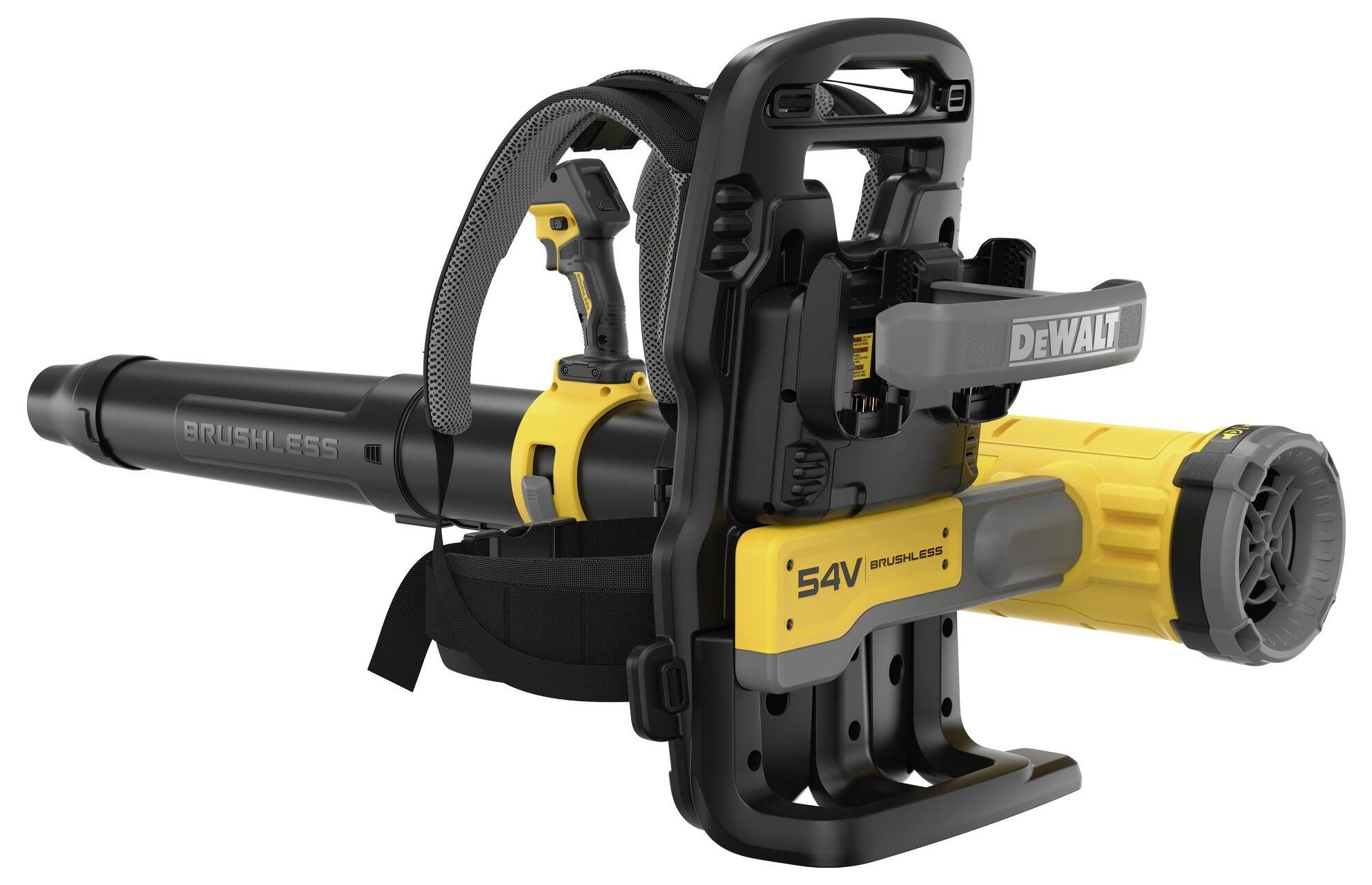Ein schwarzer und gelber schnurloses Laubgebläse mit Rucksackdesign und „DEWALT 54V"-Branding, ausgestattet mit ergonomischen Riemen für Komfort.