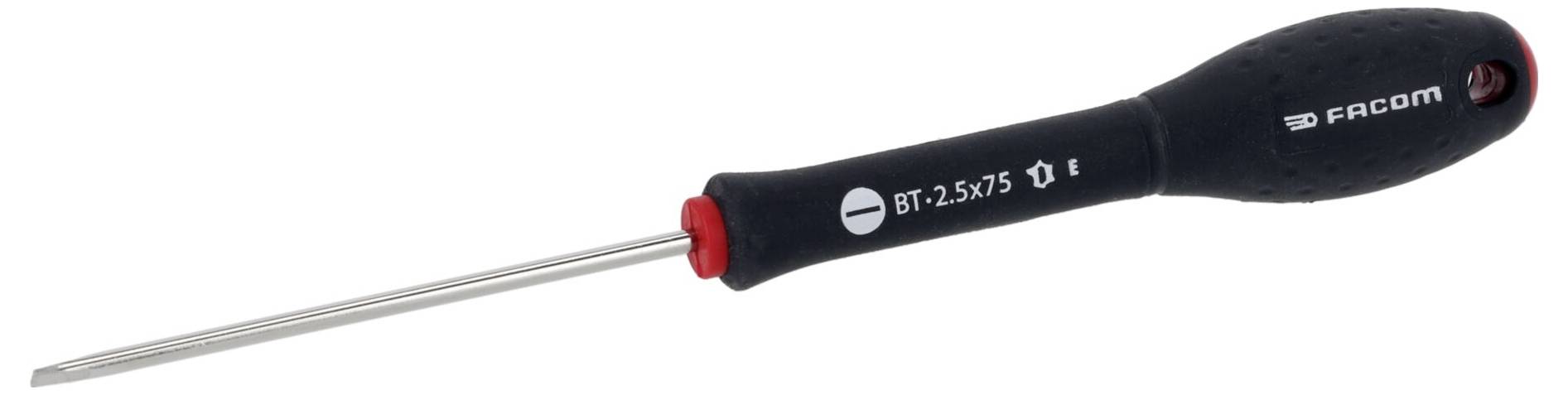 Ein Schraubendreher mit schwarzem Griff, Schlitz-Klinge und rotem Hals, beschriftet mit „BT-2,5x75".