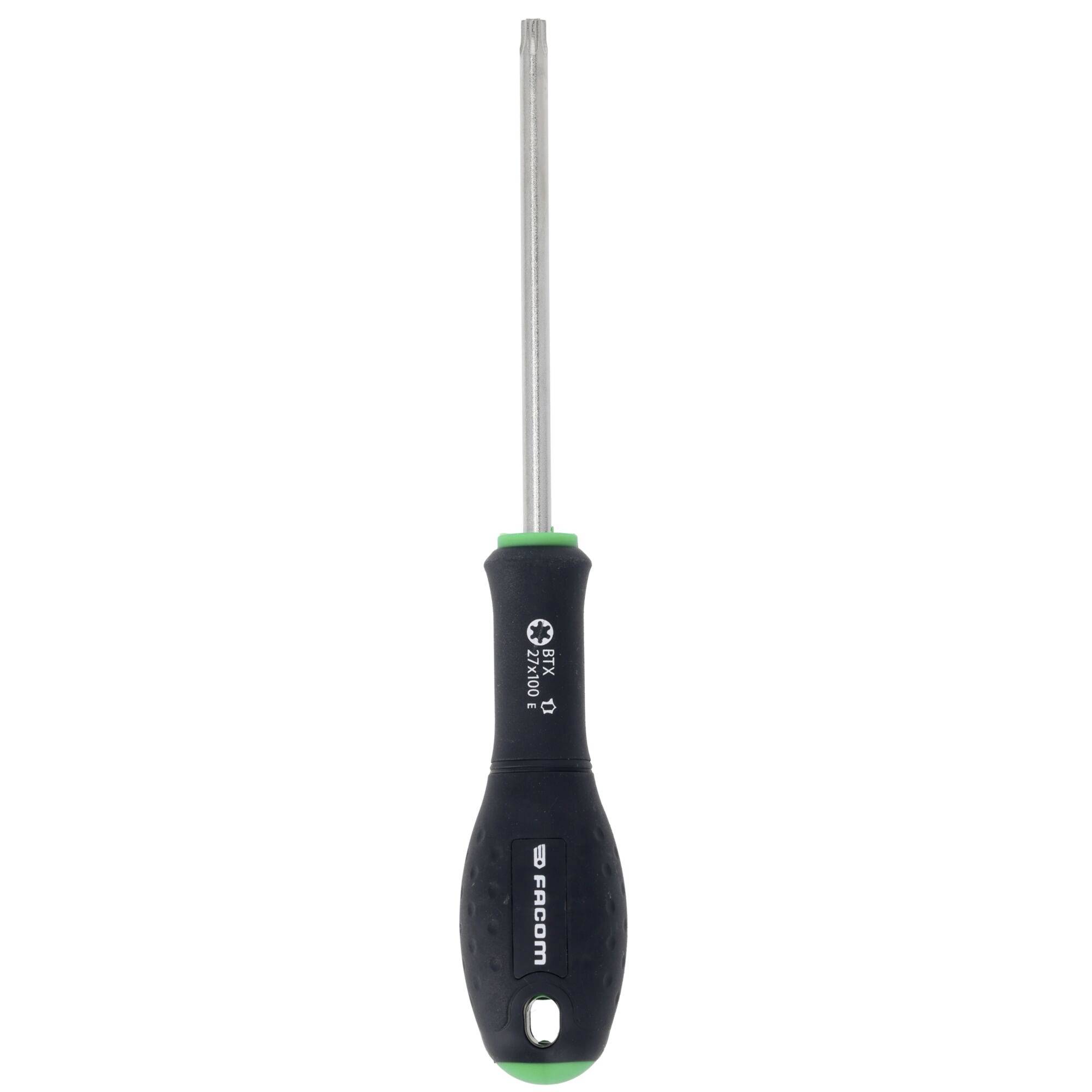 Ein Schraubendreher mit schwarzem Griff und T9-Torx-Kopf. Der Griff weist eine grüne Akzentfarbe in der Nähe der Spitze auf und trägt den Markennamen "Froon".