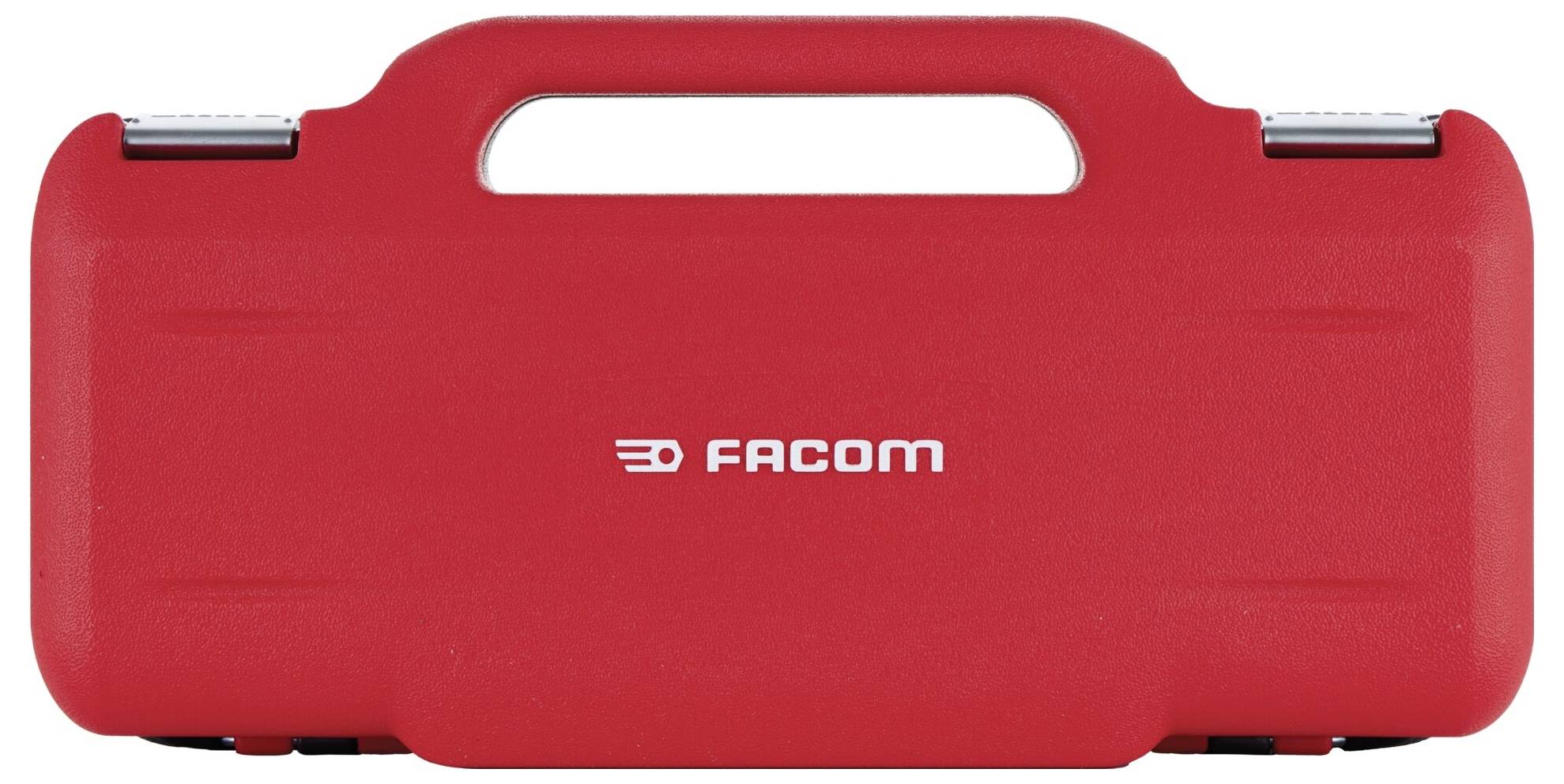 "Facom" rote Werkzeugtasche mit einem organisierten Satz verschiedengroßer Gabelschlüssel, angeordnet von kleinster bis größter Größe.
