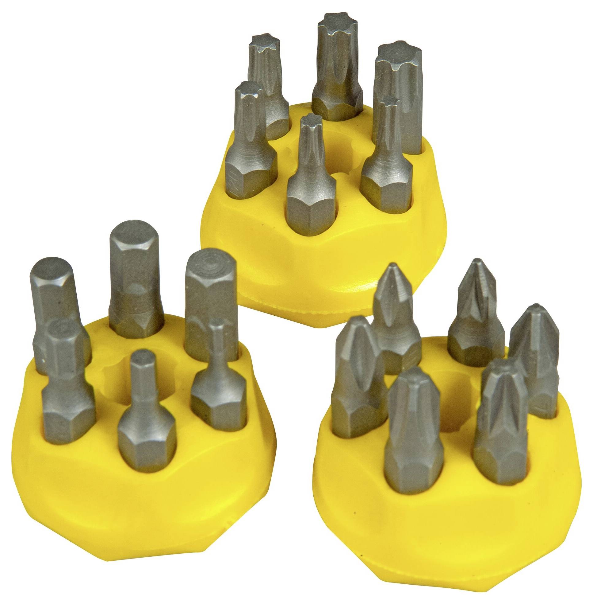 'Drei gelbe magnetische Halter, jeweils mit einem Satz silberner Schraubendreher-Bits in verschiedenen Formen, die für verschiedene Schraubentypen verwendet werden.'
