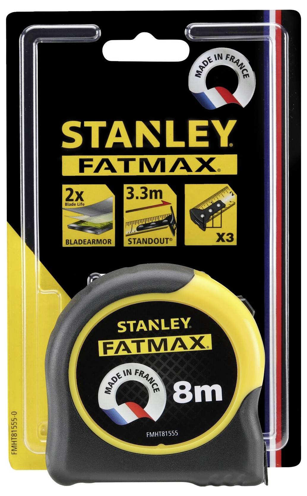 Stanley Fatmax Stahllineal 8m in Verpackung. Highlights sind "Blade Armor", "3,3m Ausladung" und "Made in France" Etikett.