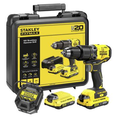 Das Set „Stanley Fatmax V20 Lithium Ion 18V Brushless Hammer Drill" (Stanley Fatmax V20 Lithium-Ionen 18V Bürstenloses Schlagbohrwerk) umfasst Bohrmaschine, zwei Akkus, Ladegerät und Transportkoffer.
