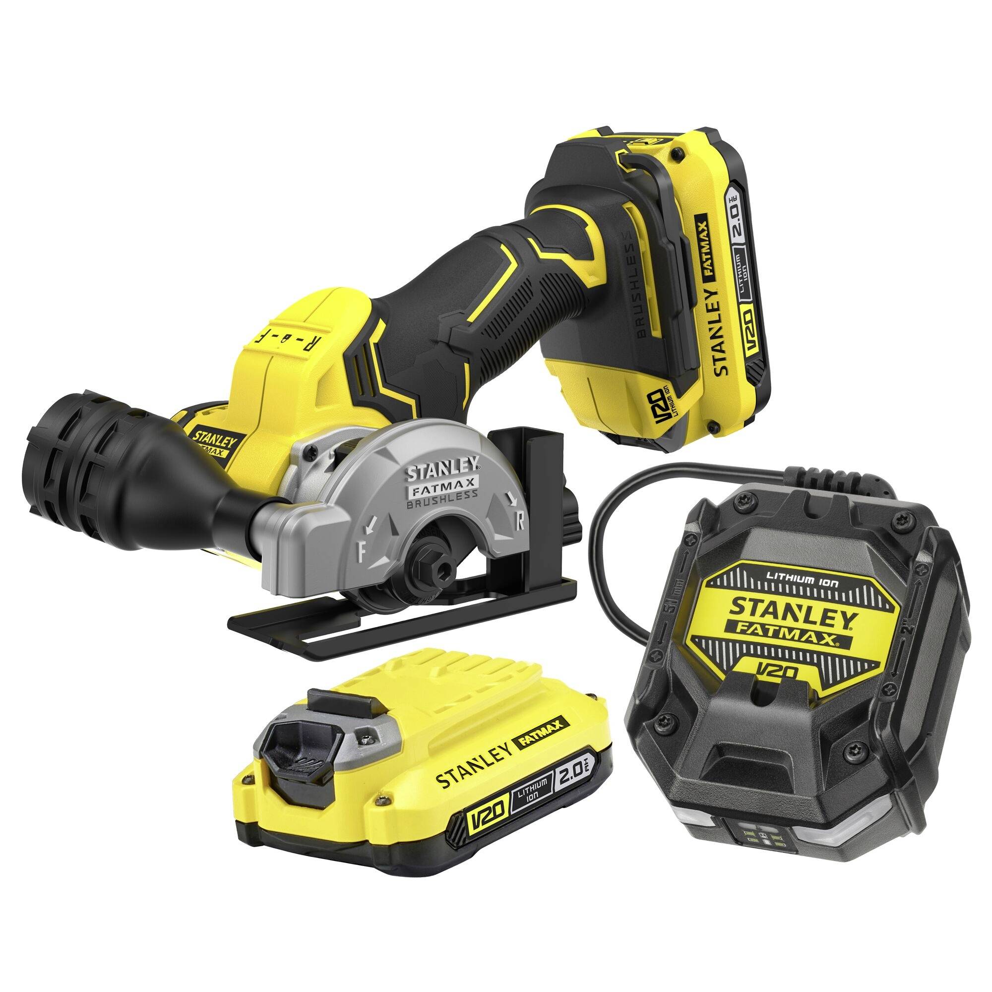 Ein schwarzes und gelbes Stanley Fatmax V20 kabelloses Kreissägen-Set mit Akku und Ladegerät in einer Produktpräsentation.