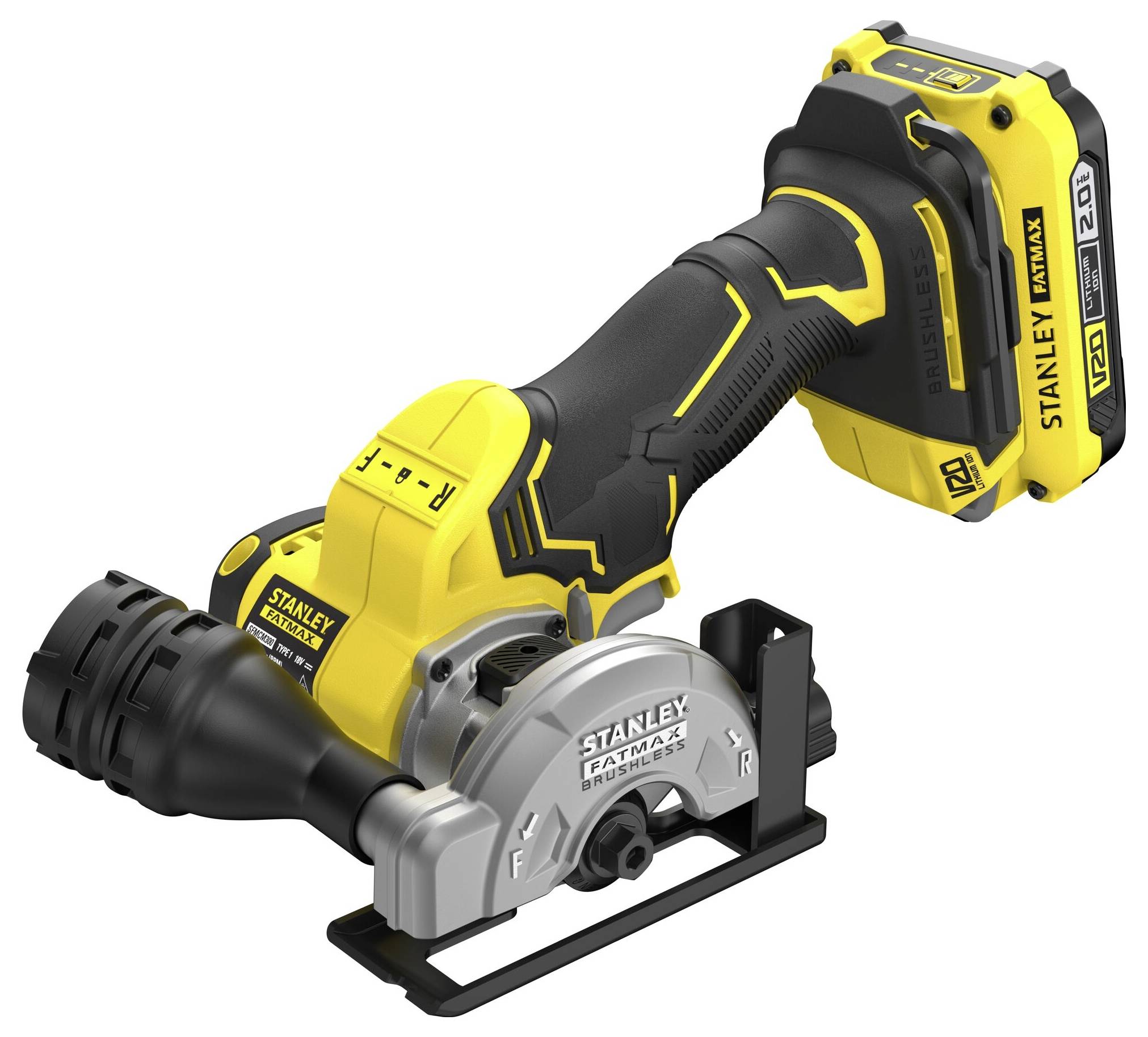 Ein gelbes und schwarzes kabelloses Elektrowerkzeug mit der Bezeichnung „STANLEY FATMAX V20". Es hat ein rundes Sägeblatt und einen wiederaufladbaren Akku und wird zum Schneiden verwendet.