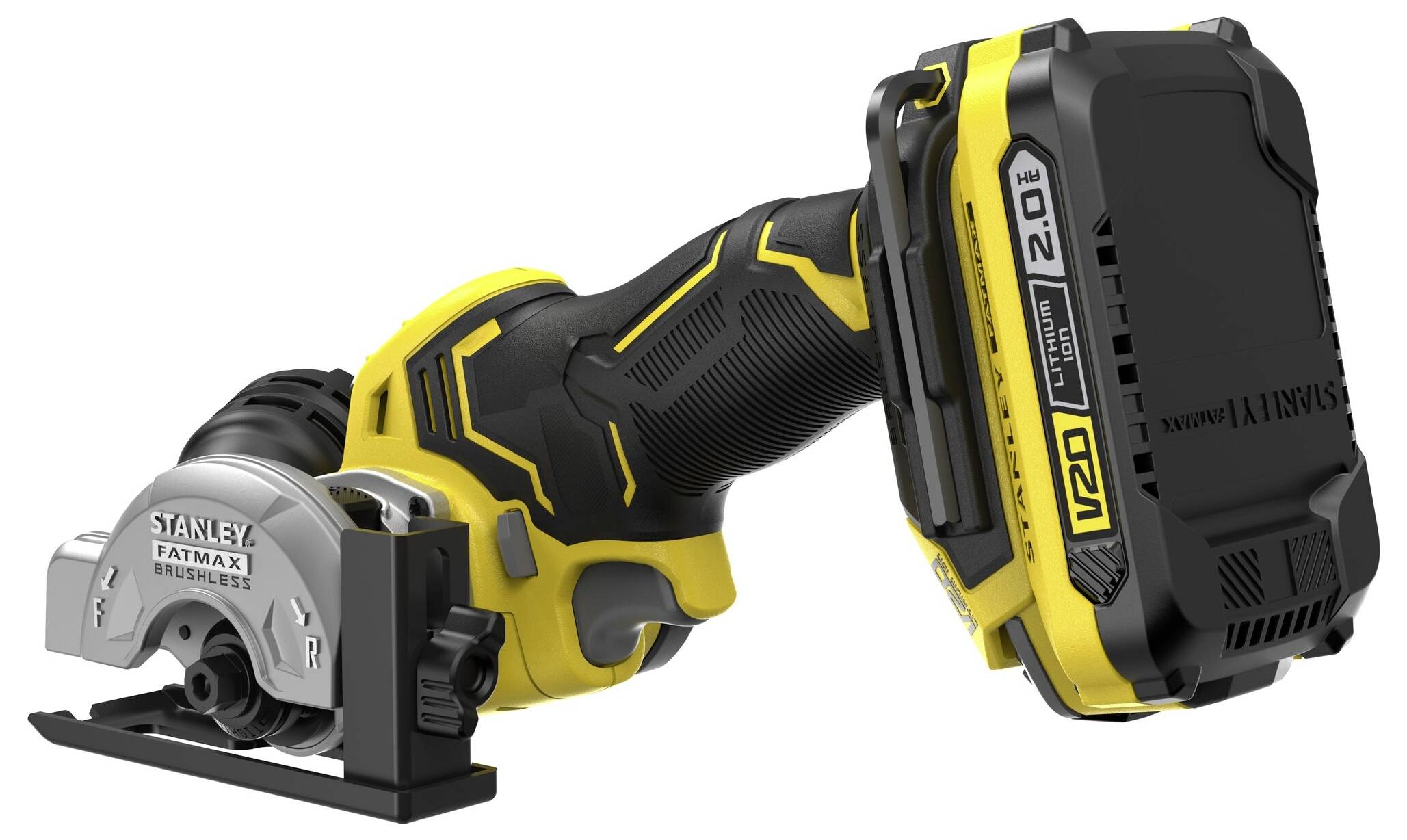 Ein gelb-schwarzes kabelloses Elektrowerkzeug, beschriftet mit „Stanley Fatmax V20", mit einer Kreissägeblatt und ergonomischem Griff.