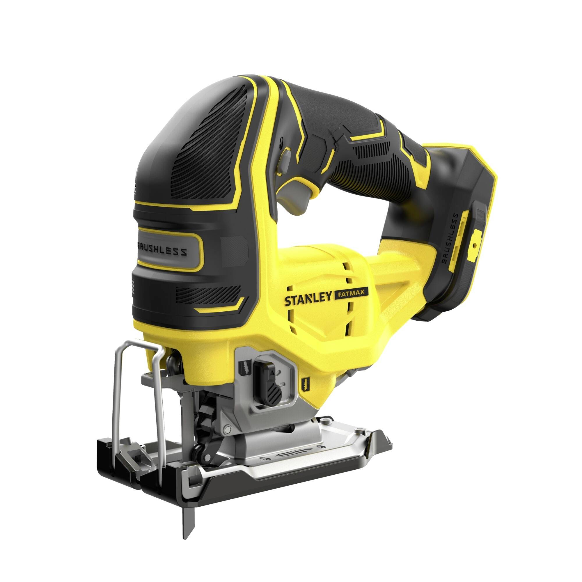 Eine kabellose Stichsäge mit schwarzem und gelbem Design, mit ergonomischem Griff und Grundplatte, gekennzeichnet mit "Stanley Fatmax".