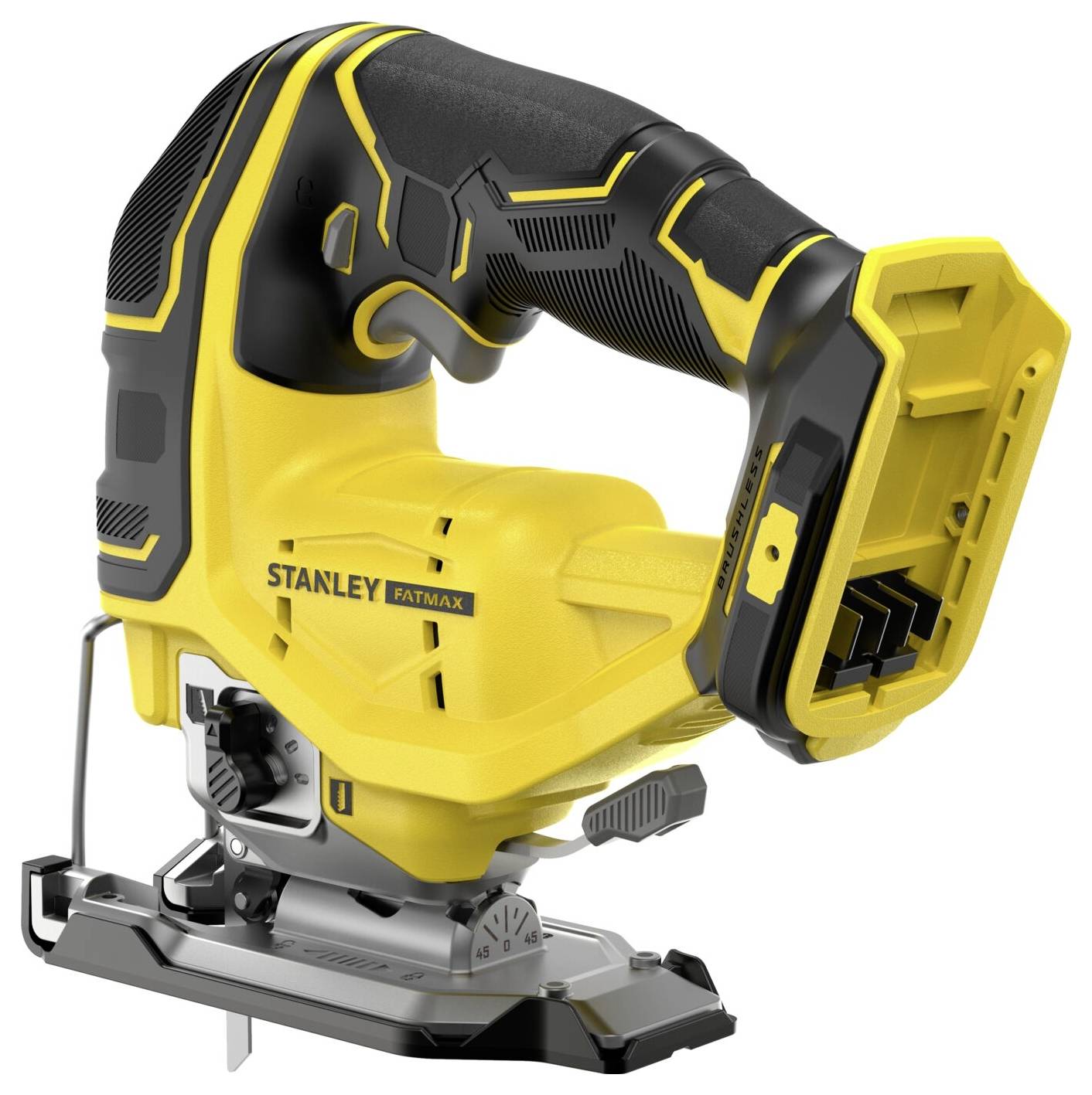 Eine gelb-schwarze Elektrostichsäge mit der Bezeichnung „Stanley Fatmax", ausgestattet mit einem robusten Griff und verstellbarer Grundplatte für präzise Schnittarbeiten.