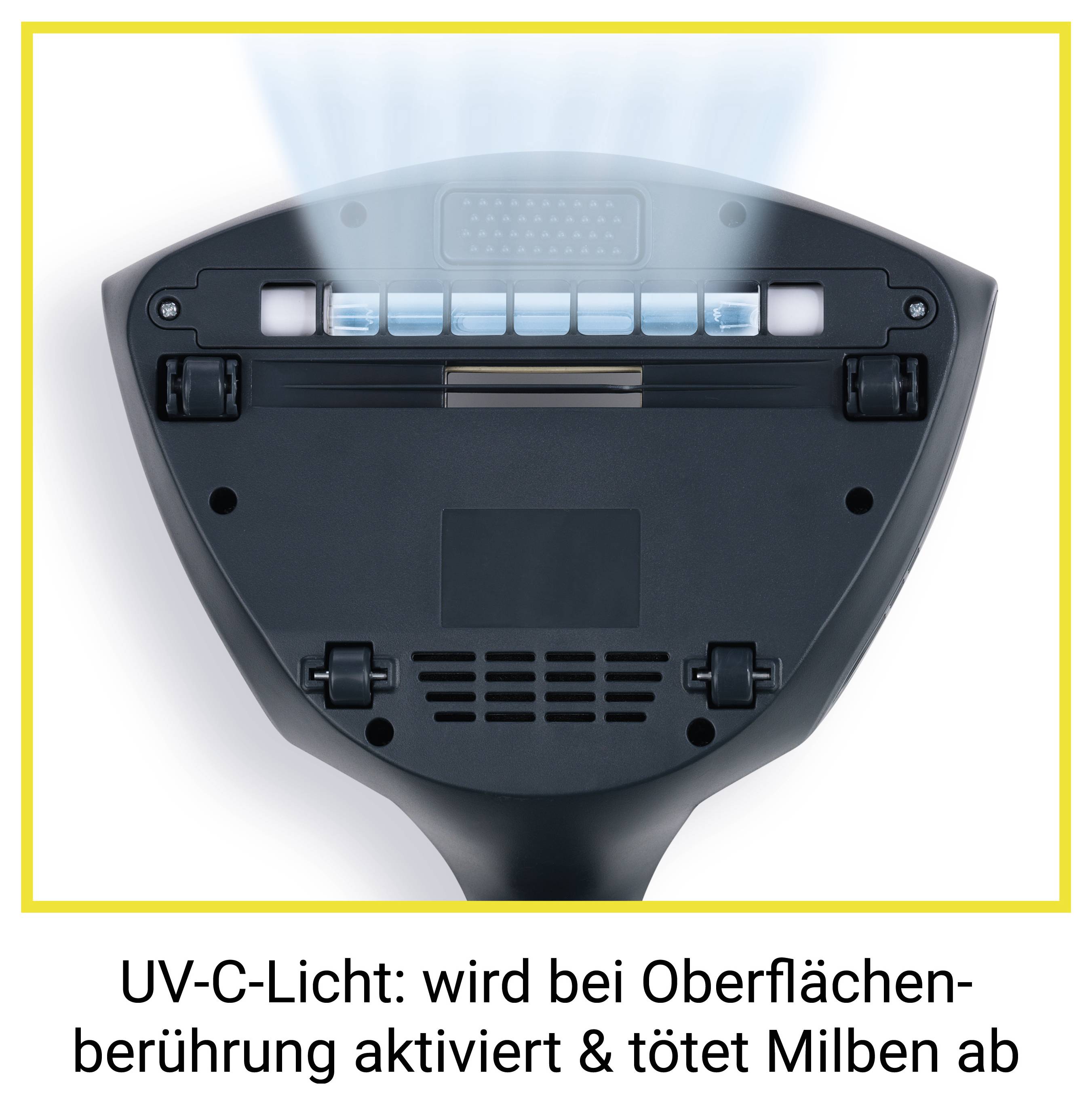 Rückansicht eines Geräts, das blaues UV-C-Licht ausstrahlt, beschriftet auf Deutsch: „UV-C-Licht: wird bei Oberflächenberührung aktiviert & tötet Milben ab."