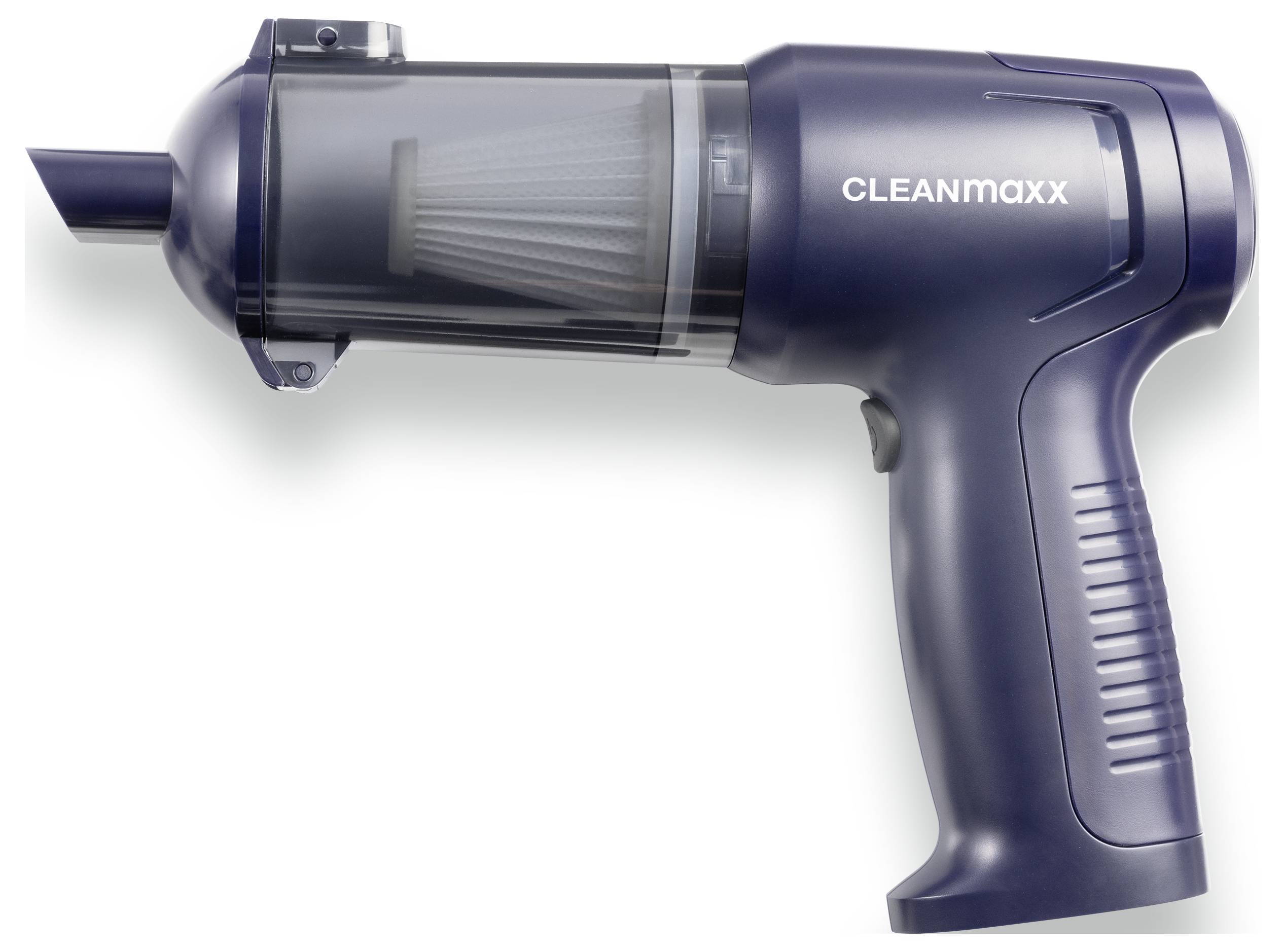 Ein tragbarer Staubsauger mit durchsichtigem Staubbehälter und einem Filter im Inneren. Das Gerät trägt das Label „CLEANmaxx".