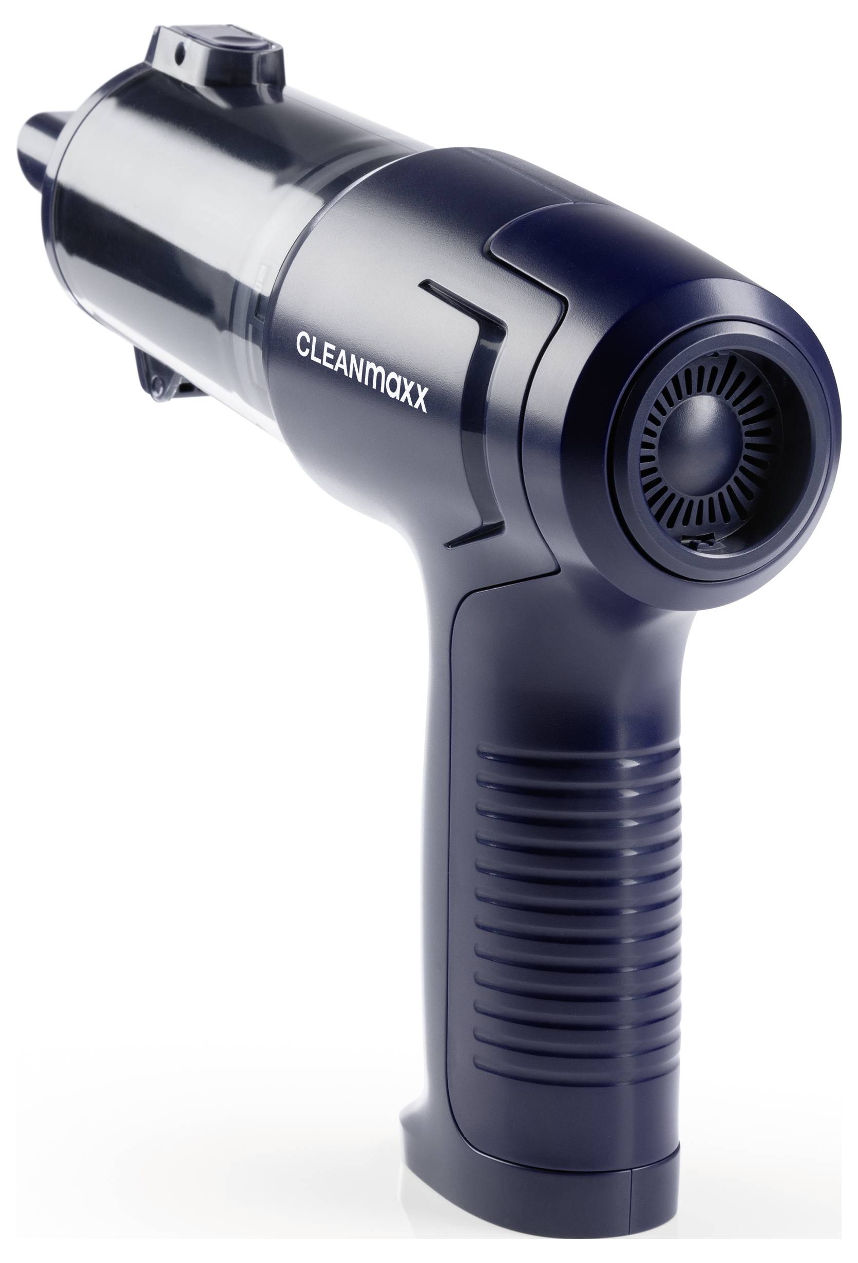 Ein tragbarer Staubsauger mit der Bezeichnung „CLEANmaxx", mit schlankem, dunkelblauem Design, mit prominentem Griff und kreisförmiger Luftansaugung.