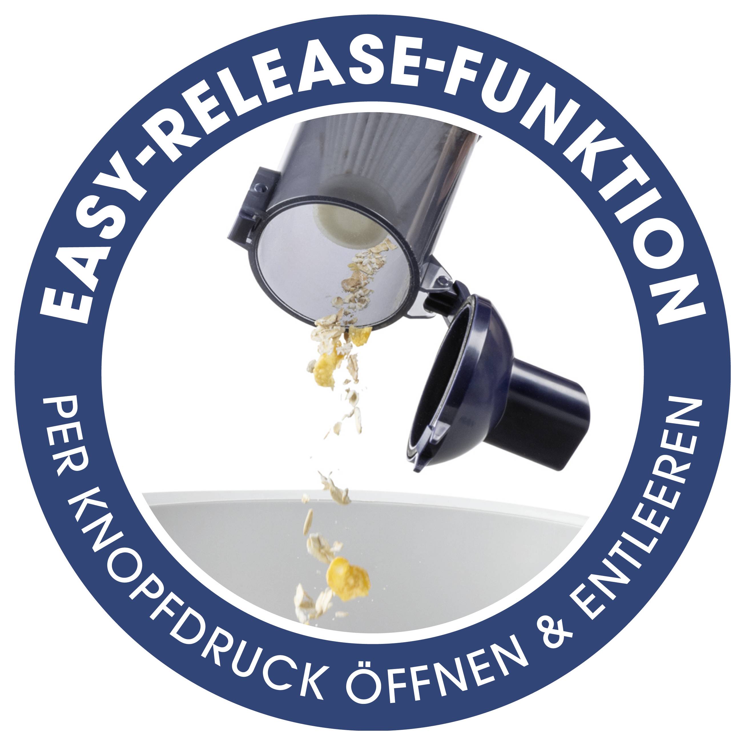 „EASY-RELEASE-FUNKTION per Knopfdruck öffnen & entleeren" – Ein Gerät, das Inhalte in eine Schüssel abgibt und das einfache Entleeren demonstriert.