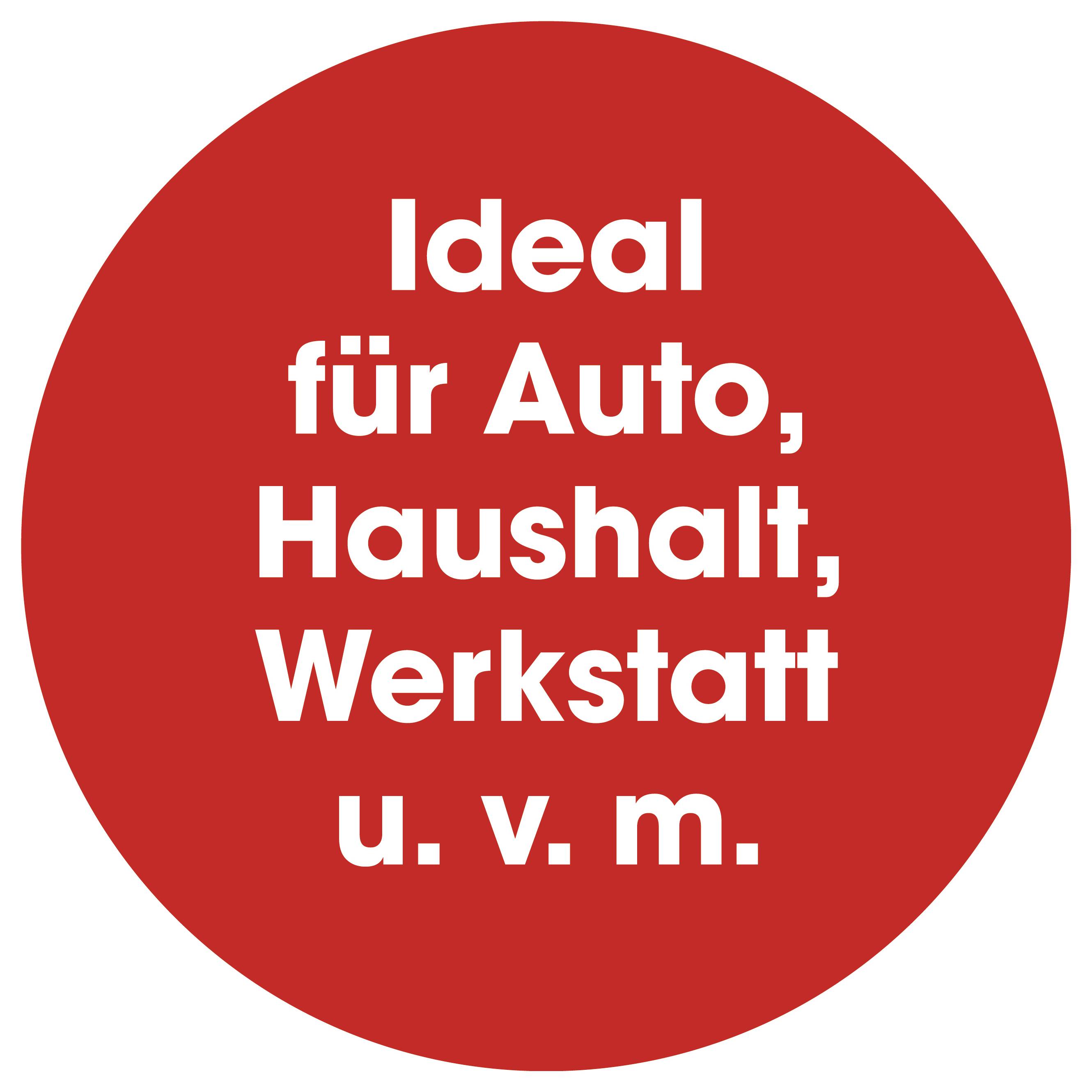 „Ideal für Auto, Haushalt, Werkstatt u. v. m." in Weiß auf einem roten Kreis geschrieben, was die Vielseitigkeit für verschiedene Verwendungszwecke anzeigt.