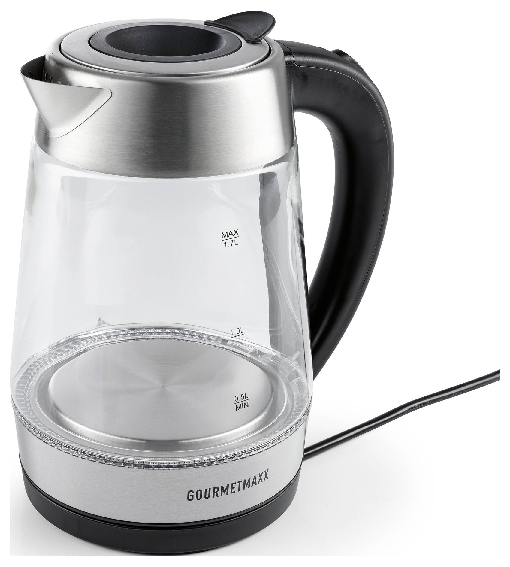 Elektrischer Glaskessels mit Edelstahlkappe und schwarzem Griff, der Wasserspiegelsmarkierungen bis zu 1,7 Litern zeigt, mit der Bezeichnung "Gourmetmaxx".