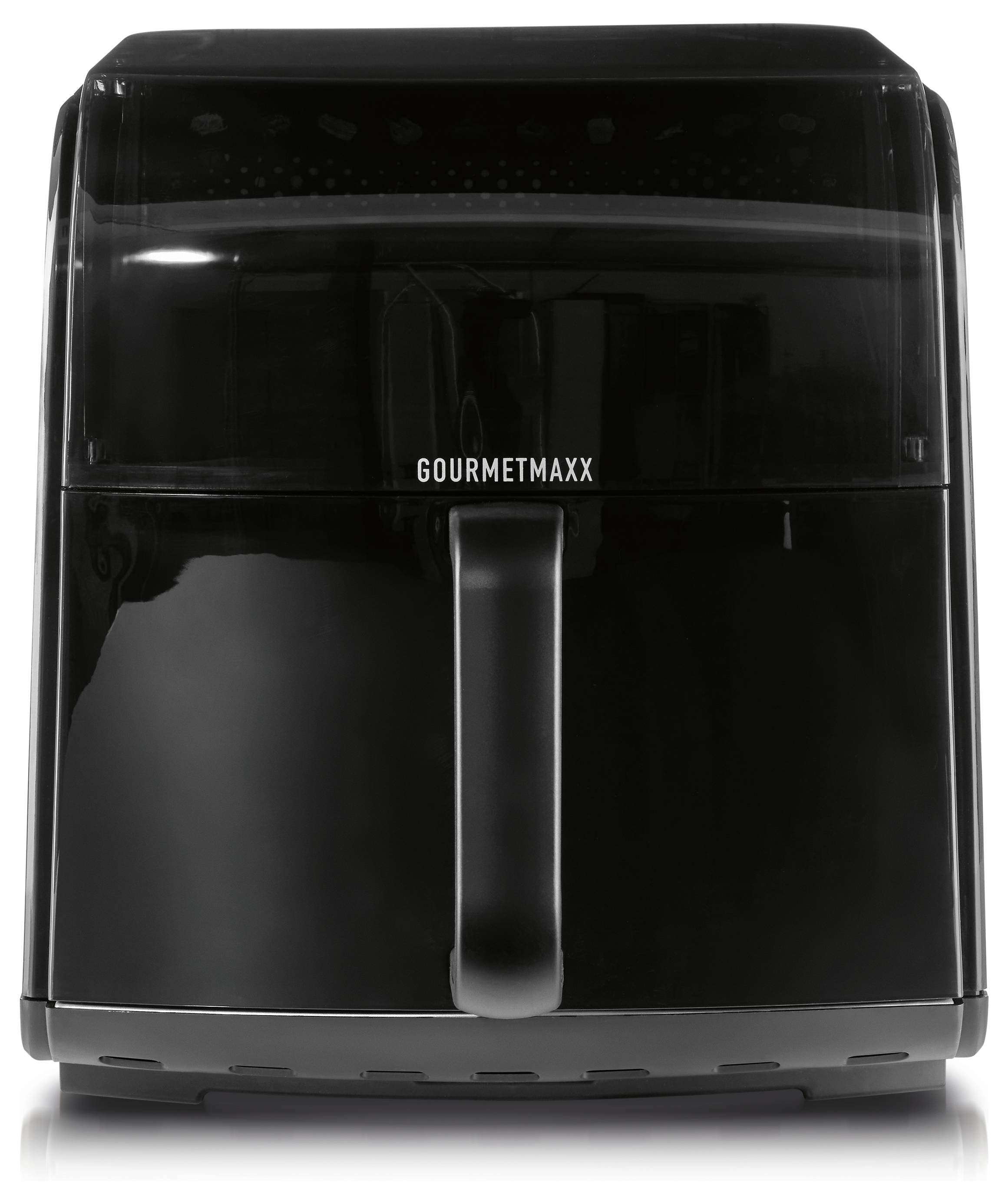 Ein schwarzer Heißluftfritteuse mit einem Griff an der Vorderseite, auf deren Gehäuse der Markenname „GOURMETMAXX" angebracht ist.