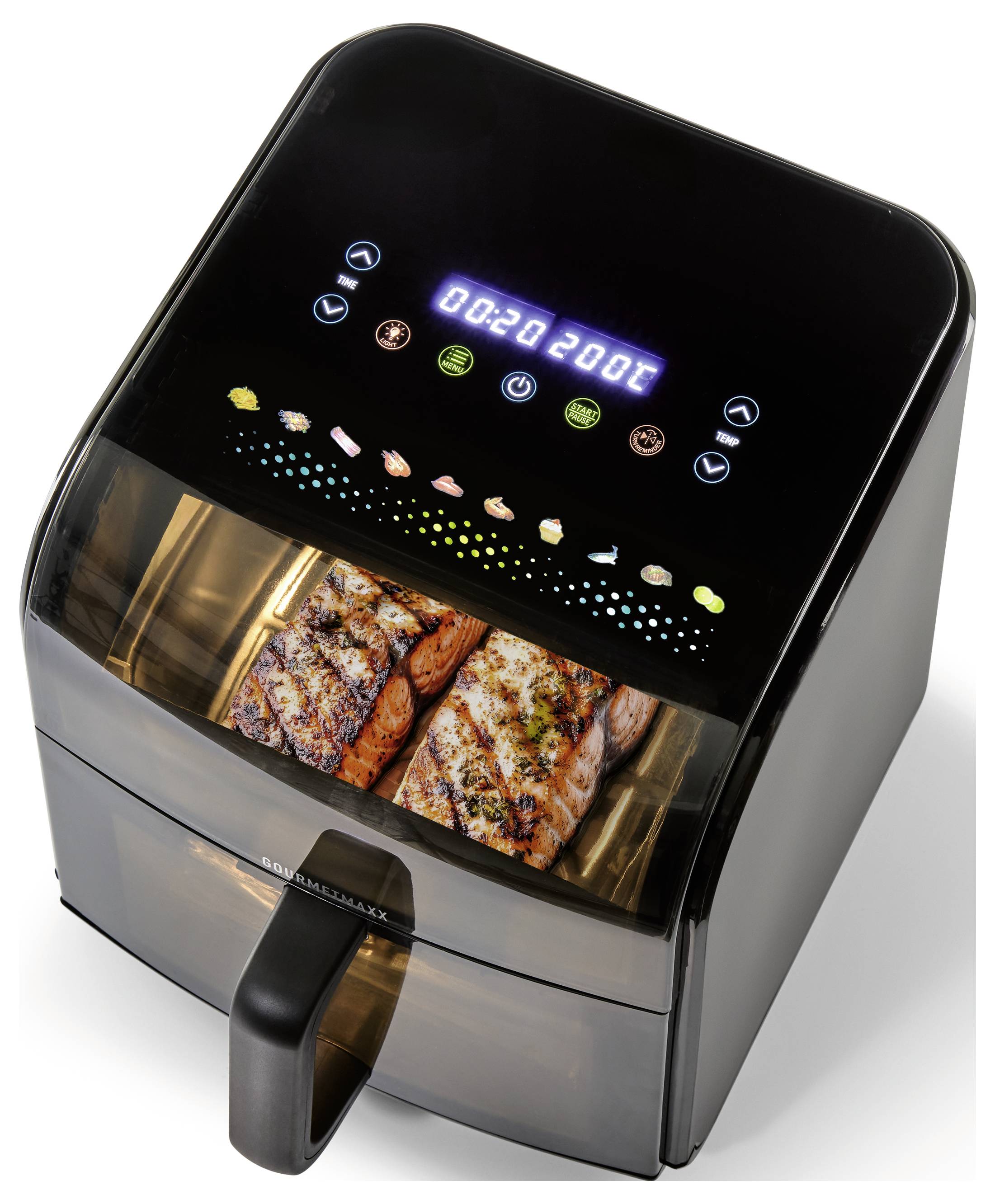 Schwarze Heißluftfritteuse mit digitaler Anzeige, die "00:20 200°C" anzeigt. Kochkorb ist sichtbar mit gegrilltem Fleisch darin.