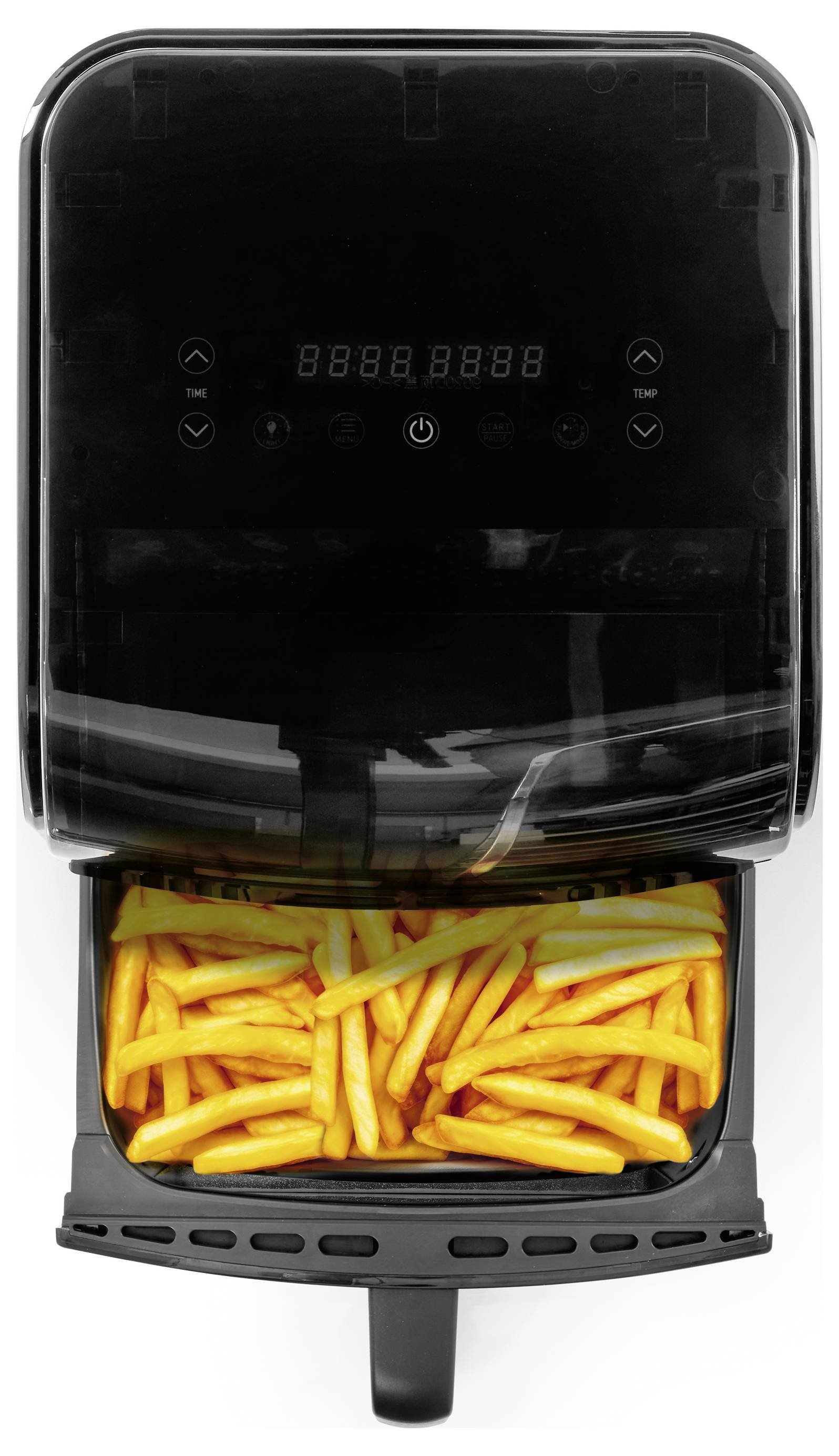 Ein Heißluftfrittöser mit einer offenen Schublade, die gekochte Pommes Frites enthält, von oben betrachtet. Die digitale Anzeige ist sichtbar, aber nicht aktiv.