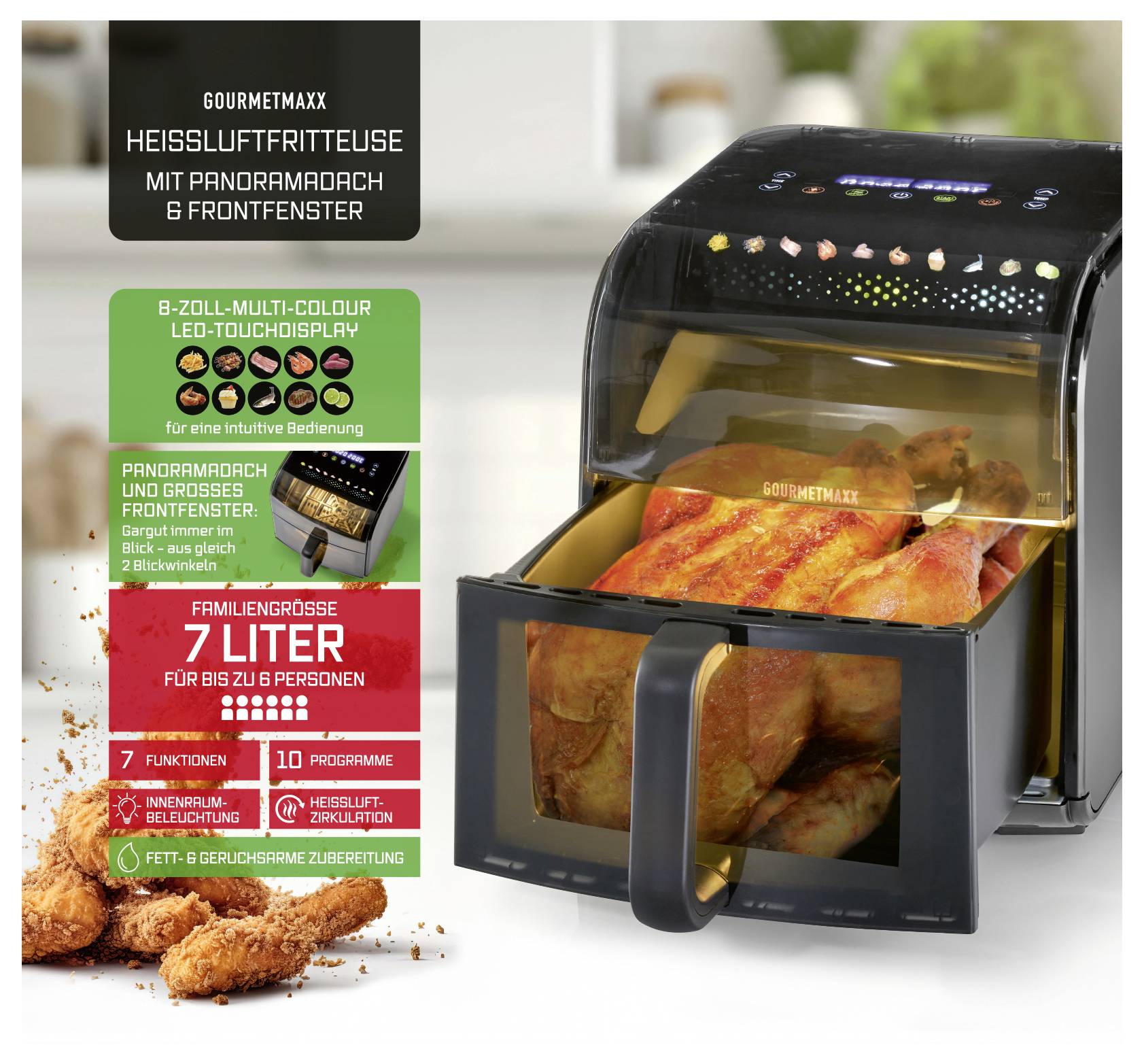 Heißluftfritteuse mit Hühnchen darin, beschriftet mit „GOURMETmaxx Heißluftfritteuse". Features 7-Liter-Kapazität, LED-Touchscreen, für 2-6 Personen.