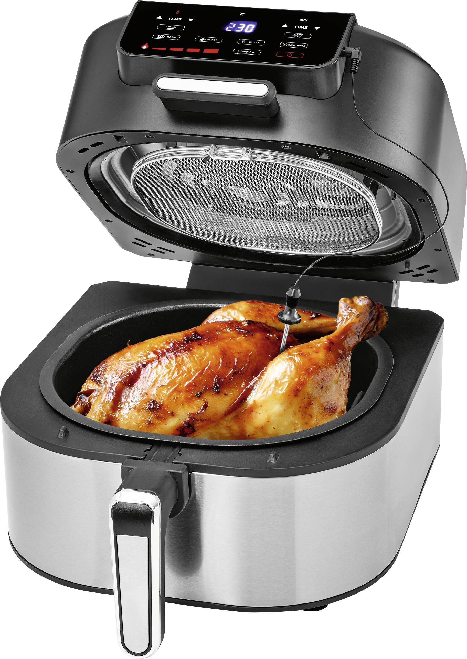 Ein Heißluftfritteusengerät mit digitaler Anzeige und gebackenem Hähnchen im Inneren, durchbohrt von einer Temperaturmesssonde, die das Kochen veranschaulicht.