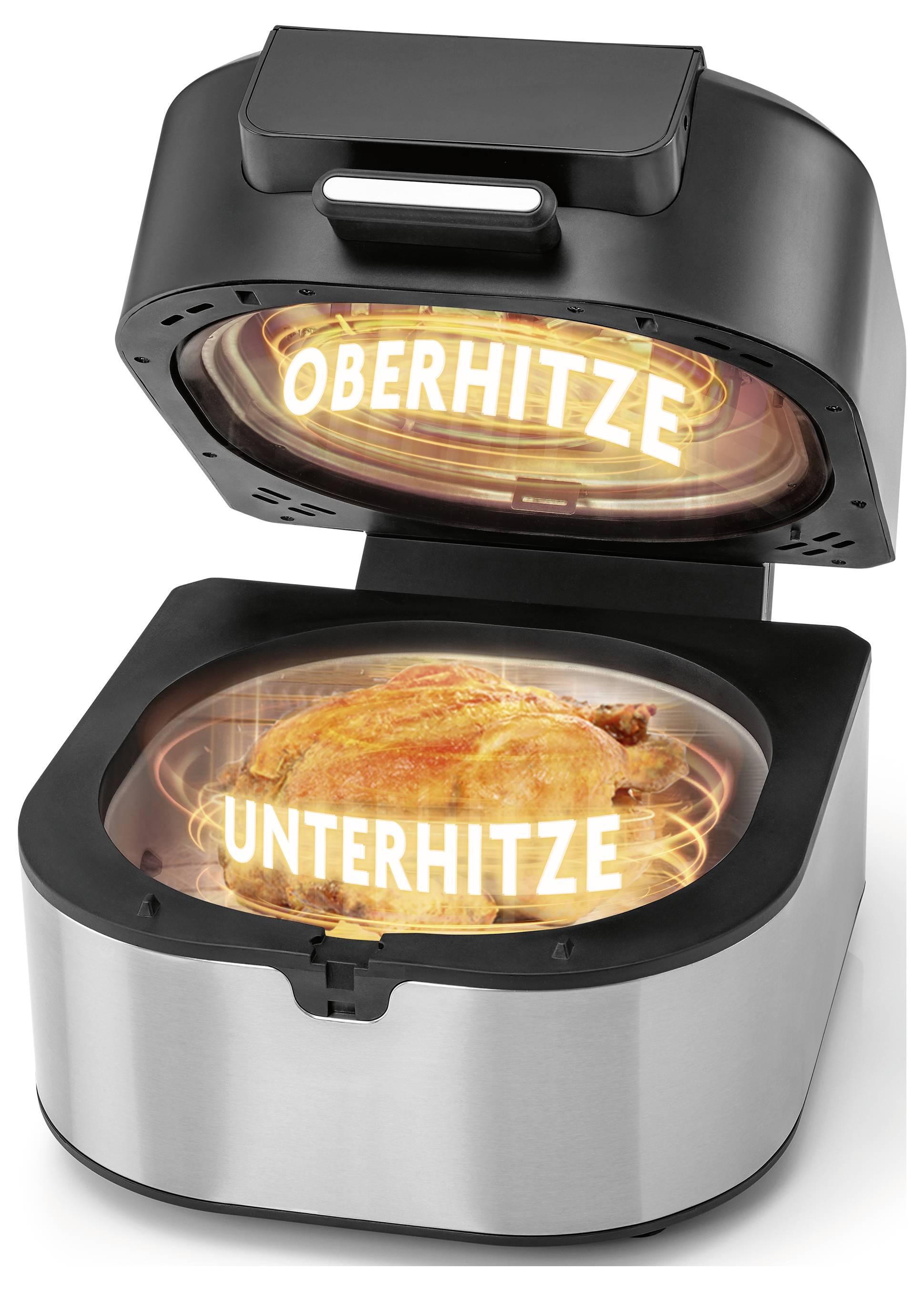 Eine Heißluftfritteuse mit offenenem Deckel, die ein gekochtes Huhn im Inneren zeigt. Die Wörter "OBERHITZE" und "UNTERHITZE" heben die Heizungselemente hervor.