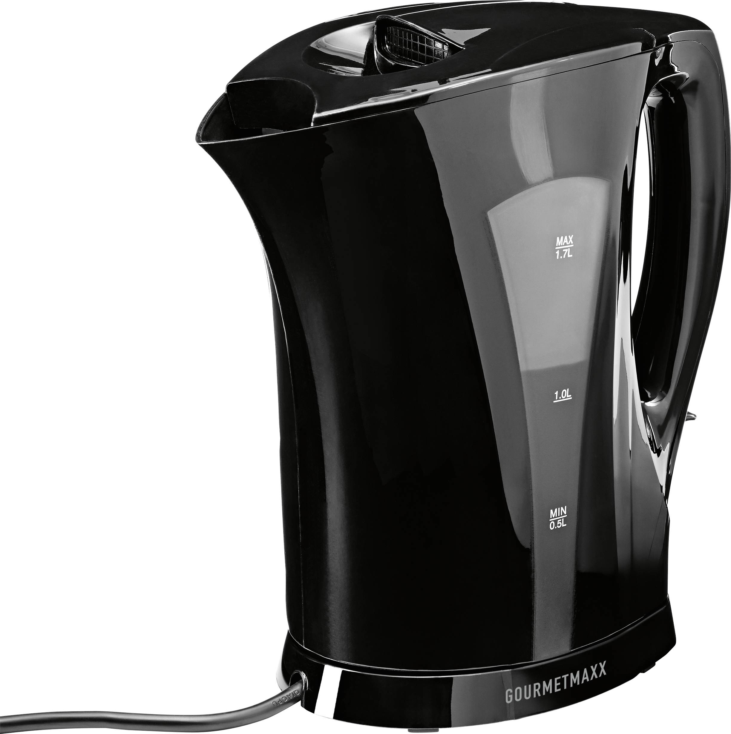 Ein schwarzer elektrischer Wasserkocher mit Füllstandsmarkierungen und einem Griff auf der rechten Seite, eingesteckt und aufrecht stehend.